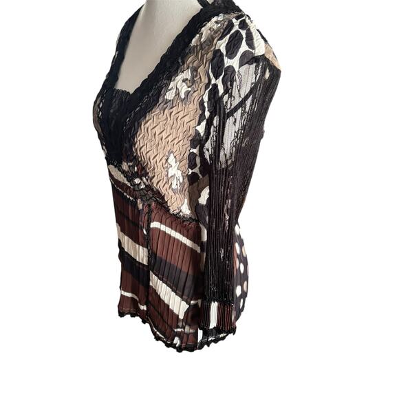 Alberto Makali Sheer Blouse Large Y2K Boho Crinkle Abstract Lace Stretchy Career - Picture 6 of 10